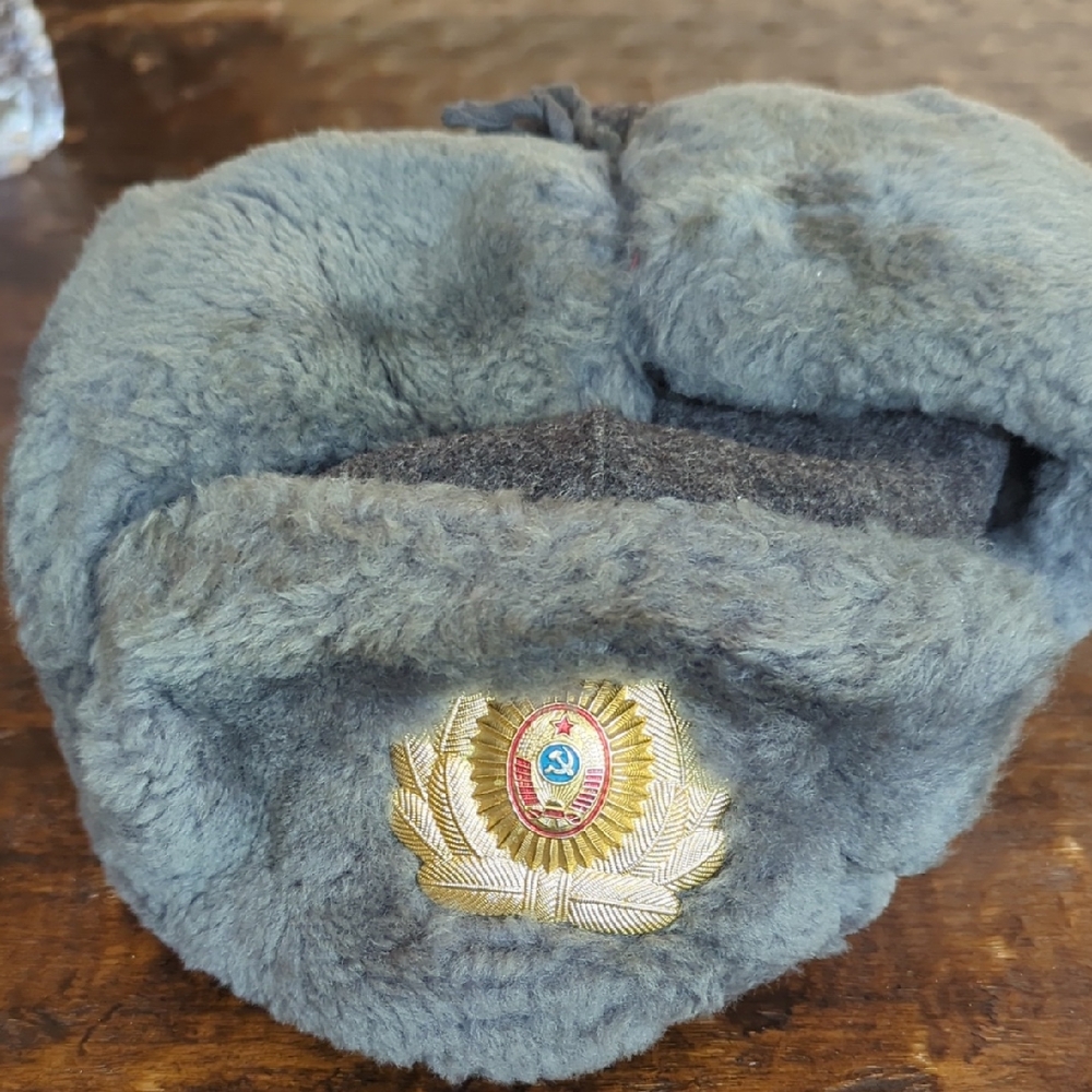 Gray Fur Winter Hat with Emblem